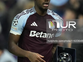 Jhon Duran centre-forward of Aston Villa and Colombia with MVP trophy after the UEFA Champions League 2024/25 League Phase MD2 match between...