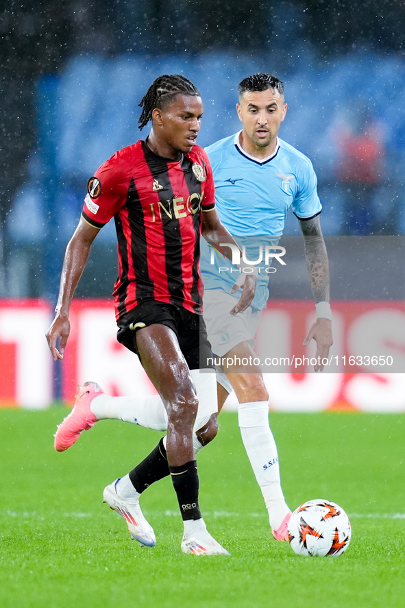 Hicham Boudaoui of OCG Nice and Matias Vecino of SS Lazio during the UEFA Europa League 2024/25 League Phase MD2 match between SS Lazio and...