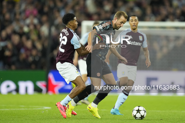 Harry Kane centre-forward of Bayern Munich and England and Ian Maatsen left-back of Aston Villa and Netherlandscompete for the ball during t...