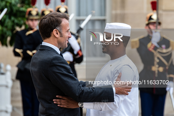 President of the French Republic Emmanuel Macron welcomes Mahamat Idriss Deby, President of the Republic of Chad, at the Elysee Palace in Pa...