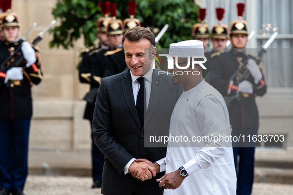 President of the French Republic Emmanuel Macron welcomes Mahamat Idriss Deby, President of the Republic of Chad, at the Elysee Palace in Pa...