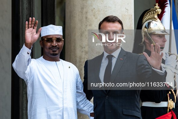 President of the French Republic Emmanuel Macron welcomes Mahamat Idriss Deby, President of the Republic of Chad, at the Elysee Palace in Pa...