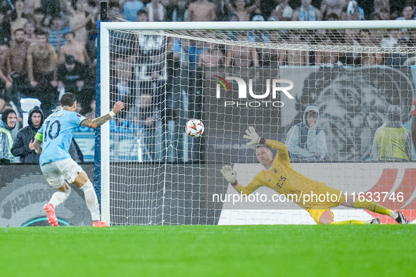 Mattia Zaccagni of SS Lazio scores fourth goal during the UEFA Europa League 2024/25 League Phase MD2 match between SS Lazio and OGC Nice at...