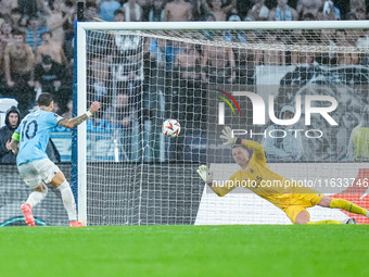 Mattia Zaccagni of SS Lazio scores fourth goal during the UEFA Europa League 2024/25 League Phase MD2 match between SS Lazio and OGC Nice at...