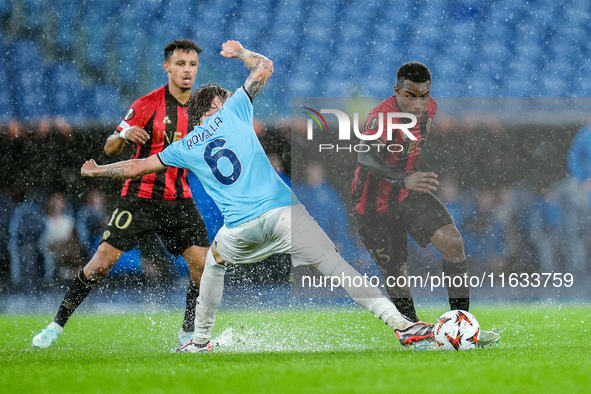 Nicolo' Rovella of SS Lazio and Youssoufa Moukoko of OGC Nice compete for the ball during the UEFA Europa League 2024/25 League Phase MD2 ma...