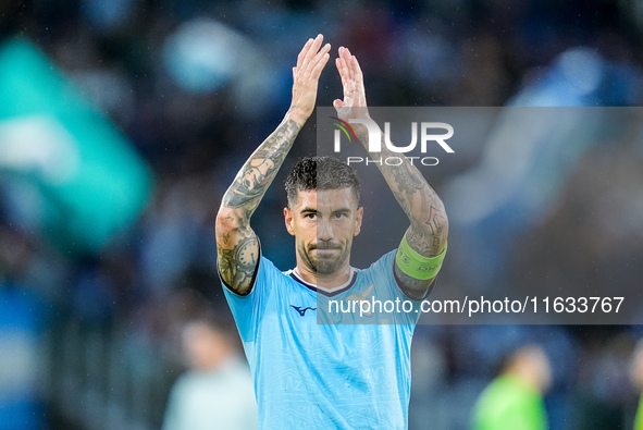 Mattia Zaccagni of SS Lazio applauds his supporters during the UEFA Europa League 2024/25 League Phase MD2 match between SS Lazio and OGC Ni...