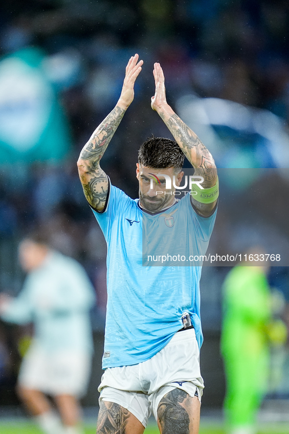 Mattia Zaccagni of SS Lazio applauds his supporters during the UEFA Europa League 2024/25 League Phase MD2 match between SS Lazio and OGC Ni...