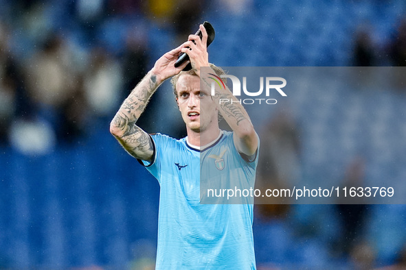 Nicolo' Rovella of SS Lazio applauds his supporters during the UEFA Europa League 2024/25 League Phase MD2 match between SS Lazio and OGC Ni...