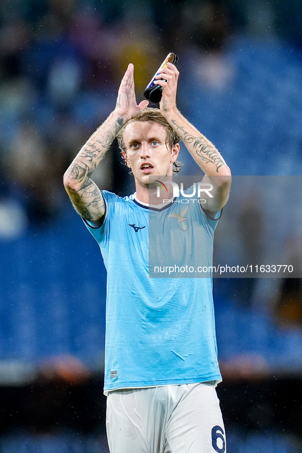 Nicolo' Rovella of SS Lazio applauds his supporters during the UEFA Europa League 2024/25 League Phase MD2 match between SS Lazio and OGC Ni...