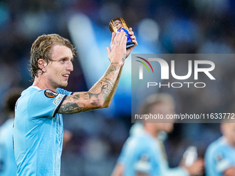 Nicolo' Rovella of SS Lazio applauds his supporters during the UEFA Europa League 2024/25 League Phase MD2 match between SS Lazio and OGC Ni...