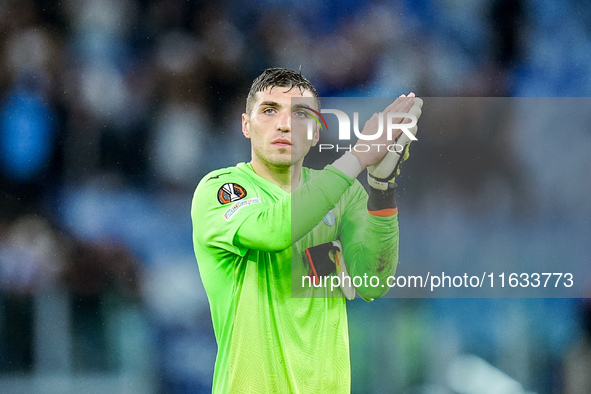 Christos Mandas of SS Lazio applauds during the UEFA Europa League 2024/25 League Phase MD2 match between SS Lazio and OGC Nice at Stadio Ol...