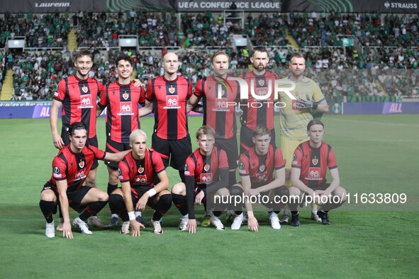 The Vikingur Reykjavik team is seen before the game in Nicosia, Cyprus, on October 3, 2024. Omonoia FC plays against Vikingur Reykjavik at G...