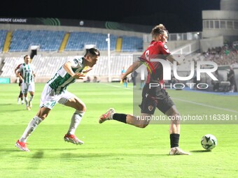 Gunnar Vatnhamar of Vikingur Reykjavik tries to kick the ball away in Nicosia, Cyprus, on October 3, 2024. Omonoia FC plays against Vikingur...