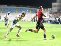 Gunnar Vatnhamar of Vikingur Reykjavik tries to kick the ball away in Nicosia, Cyprus, on October 3, 2024. Omonoia FC plays against Vikingur...