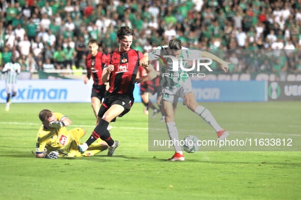 FILIP HELANDER of Omonoia FC tries to shoot the ball in Nicosia, Cyprus, on October 3, 2024. Omonoia FC plays against Vikingur Reykjavik at...