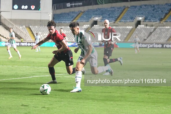 LOIZOS LOIZOU of Omonoia FC attacks with the ball in Nicosia, Cyprus, on October 3, 2024. Omonoia FC plays against Vikingur Reykjavik at GSP...