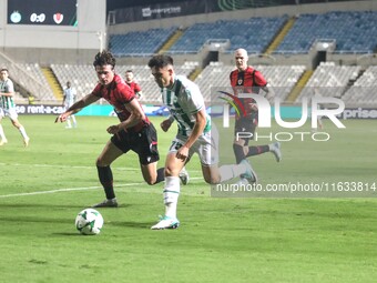 LOIZOS LOIZOU of Omonoia FC attacks with the ball in Nicosia, Cyprus, on October 3, 2024. Omonoia FC plays against Vikingur Reykjavik at GSP...