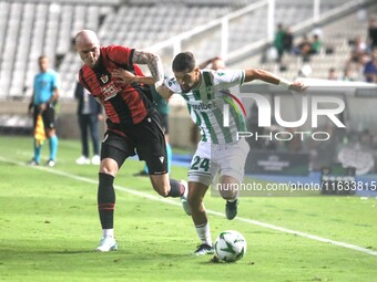 AMINE KHAMMAS of Omonoia FC attacks with the ball in Nicosia, Cyprus, on October 3, 2024. Omonoia FC plays against Vikingur Reykjavik at GSP...