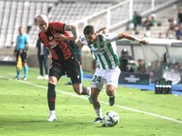 AMINE KHAMMAS of Omonoia FC attacks with the ball in Nicosia, Cyprus, on October 3, 2024. Omonoia FC plays against Vikingur Reykjavik at GSP...