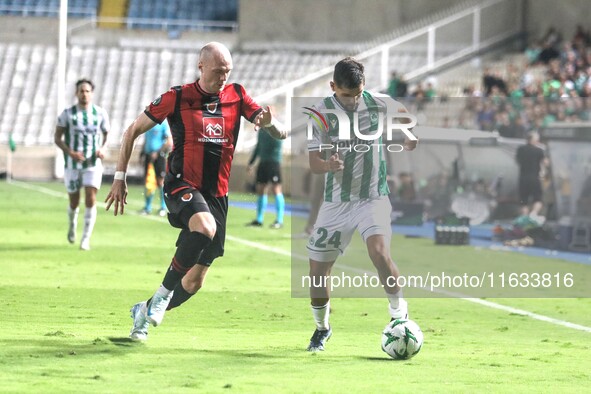 AMINE KHAMMAS of Omonoia FC attacks with the ball in Nicosia, Cyprus, on October 3, 2024. Omonoia FC plays against Vikingur Reykjavik at GSP...