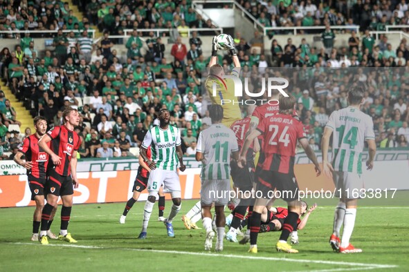 INGVAR JONSSON of Vikingur Reykjavik grabs the ball in the air in Nicosia, Cyprus, on October 3, 2024. Omonoia FC plays against Vikingur Rey...