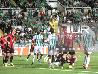 INGVAR JONSSON of Vikingur Reykjavik grabs the ball in the air in Nicosia, Cyprus, on October 3, 2024. Omonoia FC plays against Vikingur Rey...