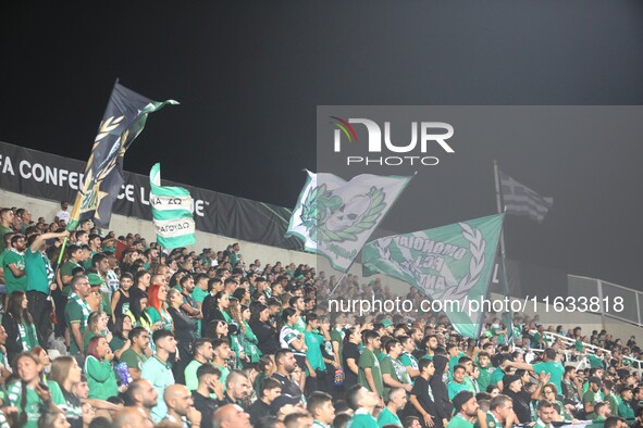 Omonoia FC fans celebrate their first goal in Nicosia, Cyprus, on October 3, 2024. Omonoia FC plays against Vikingur Reykjavik at GSP Stadiu...