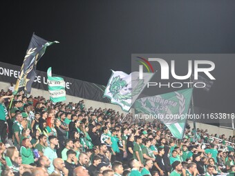 Omonoia FC fans celebrate their first goal in Nicosia, Cyprus, on October 3, 2024. Omonoia FC plays against Vikingur Reykjavik at GSP Stadiu...