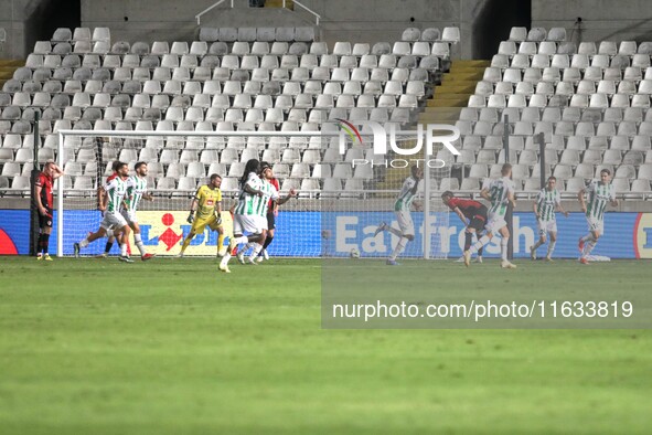 SENOU COULIBALY of Omonoia FC scores the first goal for Omonoia FC in Nicosia, Cyprus, on October 3, 2024. Omonoia FC plays against Vikingur...