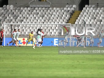 SENOU COULIBALY of Omonoia FC scores the first goal for Omonoia FC in Nicosia, Cyprus, on October 3, 2024. Omonoia FC plays against Vikingur...