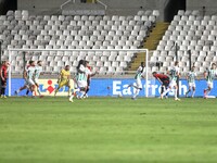 SENOU COULIBALY of Omonoia FC scores the first goal for Omonoia FC in Nicosia, Cyprus, on October 3, 2024. Omonoia FC plays against Vikingur...