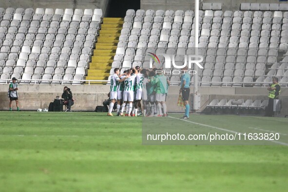 Omonoia FC players celebrate their first goal in Nicosia, Cyprus, on October 3, 2024. Omonoia FC plays against Vikingur Reykjavik at GSP Sta...