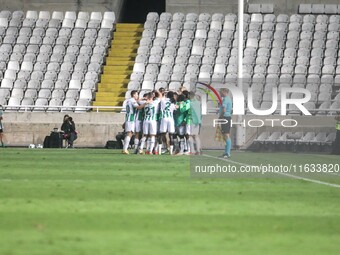 Omonoia FC players celebrate their first goal in Nicosia, Cyprus, on October 3, 2024. Omonoia FC plays against Vikingur Reykjavik at GSP Sta...