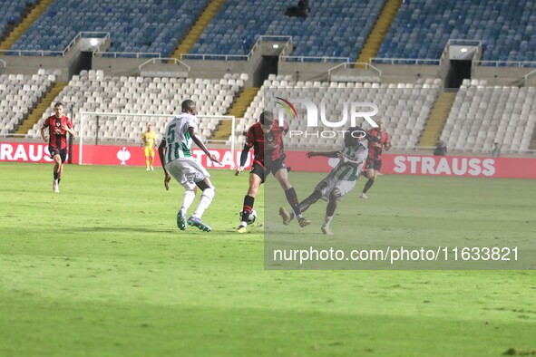 Dadi Berg Jonsson of Vikingur Reykjavik tries to take the ball in Nicosia, Cyprus, on October 3, 2024. Omonoia FC plays against Vikingur Rey...