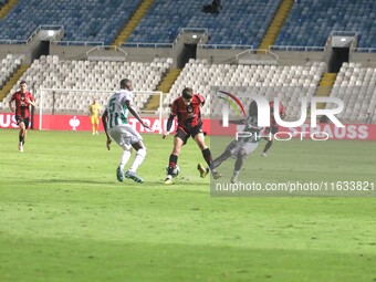 Dadi Berg Jonsson of Vikingur Reykjavik tries to take the ball in Nicosia, Cyprus, on October 3, 2024. Omonoia FC plays against Vikingur Rey...