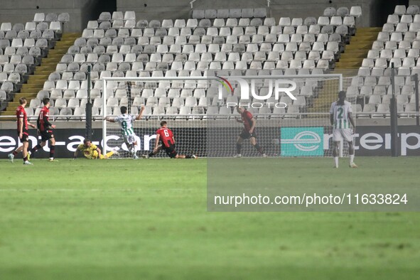 Andronikos Kakoulli of Omonoia FC scores the second goal for Omonoia FC in Nicosia, Cyprus, on October 3, 2024. Omonoia FC plays against Vik...