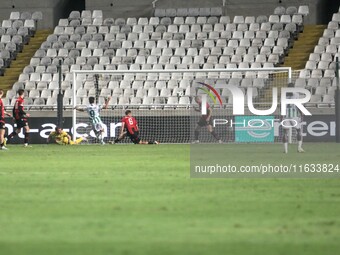 Andronikos Kakoulli of Omonoia FC scores the second goal for Omonoia FC in Nicosia, Cyprus, on October 3, 2024. Omonoia FC plays against Vik...