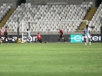 Andronikos Kakoulli of Omonoia FC scores the second goal for Omonoia FC in Nicosia, Cyprus, on October 3, 2024. Omonoia FC plays against Vik...