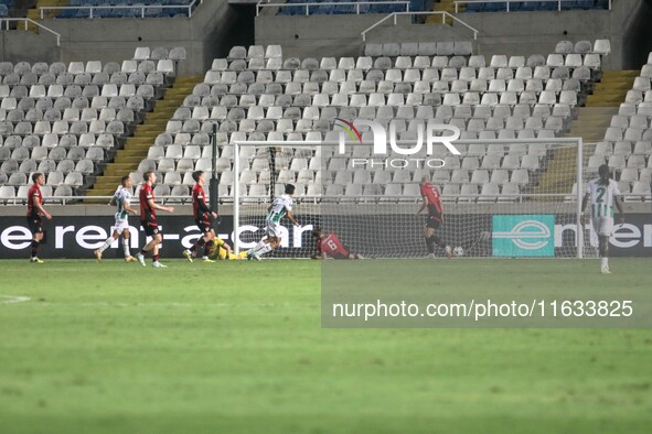 Andronikos Kakoulli of Omonoia FC scores the second goal for Omonoia FC in Nicosia, Cyprus, on October 3, 2024. Omonoia FC plays against Vik...