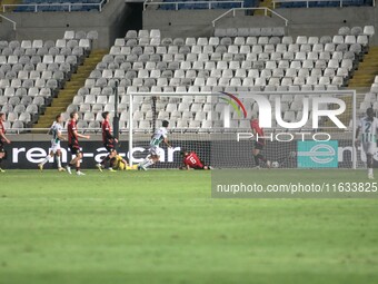 Andronikos Kakoulli of Omonoia FC scores the second goal for Omonoia FC in Nicosia, Cyprus, on October 3, 2024. Omonoia FC plays against Vik...