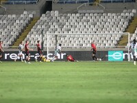 Andronikos Kakoulli of Omonoia FC scores the second goal for Omonoia FC in Nicosia, Cyprus, on October 3, 2024. Omonoia FC plays against Vik...