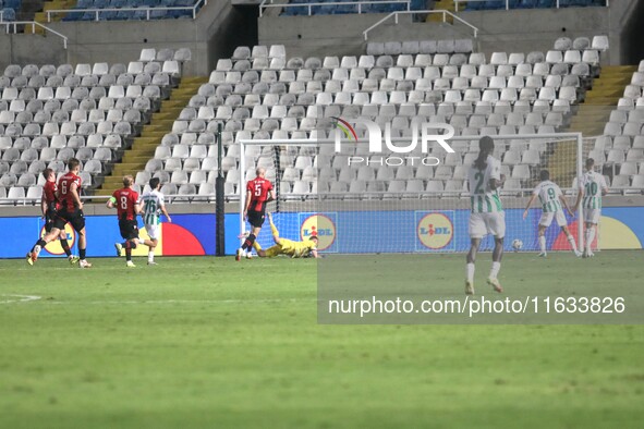 Alioum Saidou of Omonoia FC (not shown) scores the third goal for Omonoia FC in Nicosia, Cyprus, on October 3, 2024. Omonoia FC plays agains...