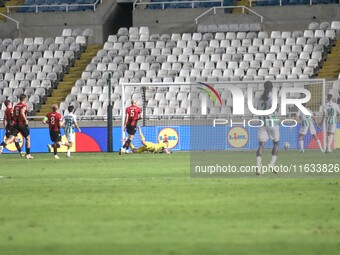 Alioum Saidou of Omonoia FC (not shown) scores the third goal for Omonoia FC in Nicosia, Cyprus, on October 3, 2024. Omonoia FC plays agains...