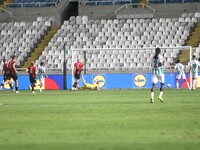 Alioum Saidou of Omonoia FC (not shown) scores the third goal for Omonoia FC in Nicosia, Cyprus, on October 3, 2024. Omonoia FC plays agains...