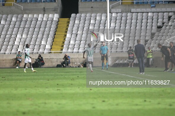 ALIOUM SAIDOU of Omonoia FC celebrates the third goal for Omonoia FC in Nicosia, Cyprus, on October 3, 2024. Omonoia FC plays against Viking...