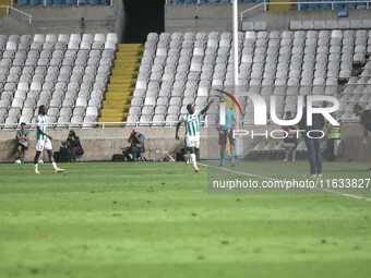 ALIOUM SAIDOU of Omonoia FC celebrates the third goal for Omonoia FC in Nicosia, Cyprus, on October 3, 2024. Omonoia FC plays against Viking...