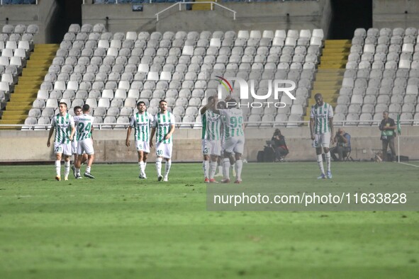 Omonoia FC players celebrate their third goal in Nicosia, Cyprus, on October 3, 2024. Omonoia FC plays against Vikingur Reykjavik at GSP Sta...