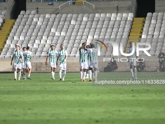 Omonoia FC players celebrate their third goal in Nicosia, Cyprus, on October 3, 2024. Omonoia FC plays against Vikingur Reykjavik at GSP Sta...