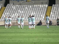 Omonoia FC players celebrate their third goal in Nicosia, Cyprus, on October 3, 2024. Omonoia FC plays against Vikingur Reykjavik at GSP Sta...