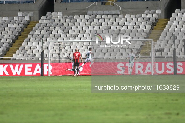 Andronikos Kakoulli of Omonoia FC scores the fourth goal for Omonoia FC in Nicosia, Cyprus, on October 3, 2024. Omonoia FC plays against Vik...